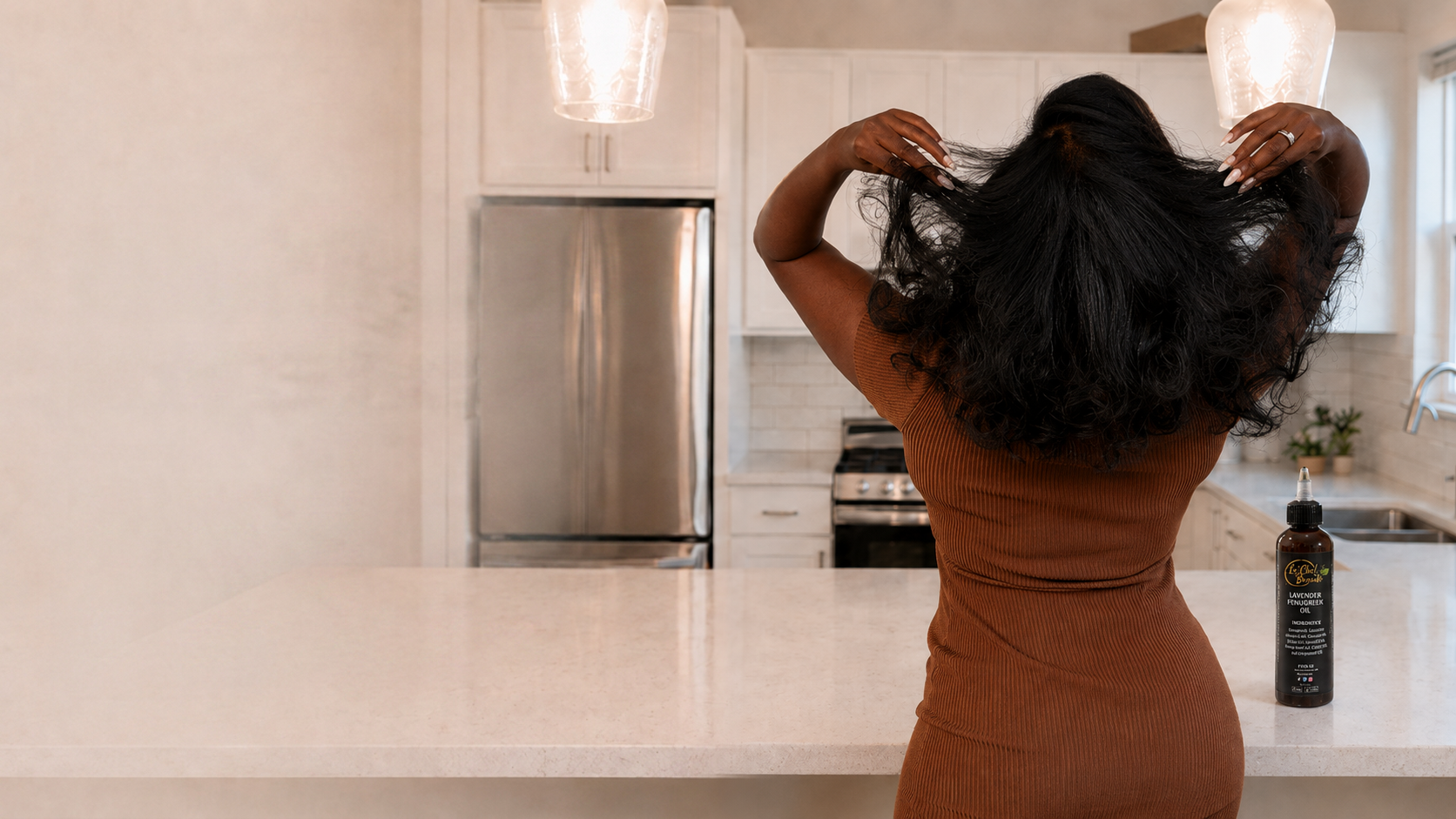 La'Chel Beauté Lavender Fenugreek Oil in a bright kitchen