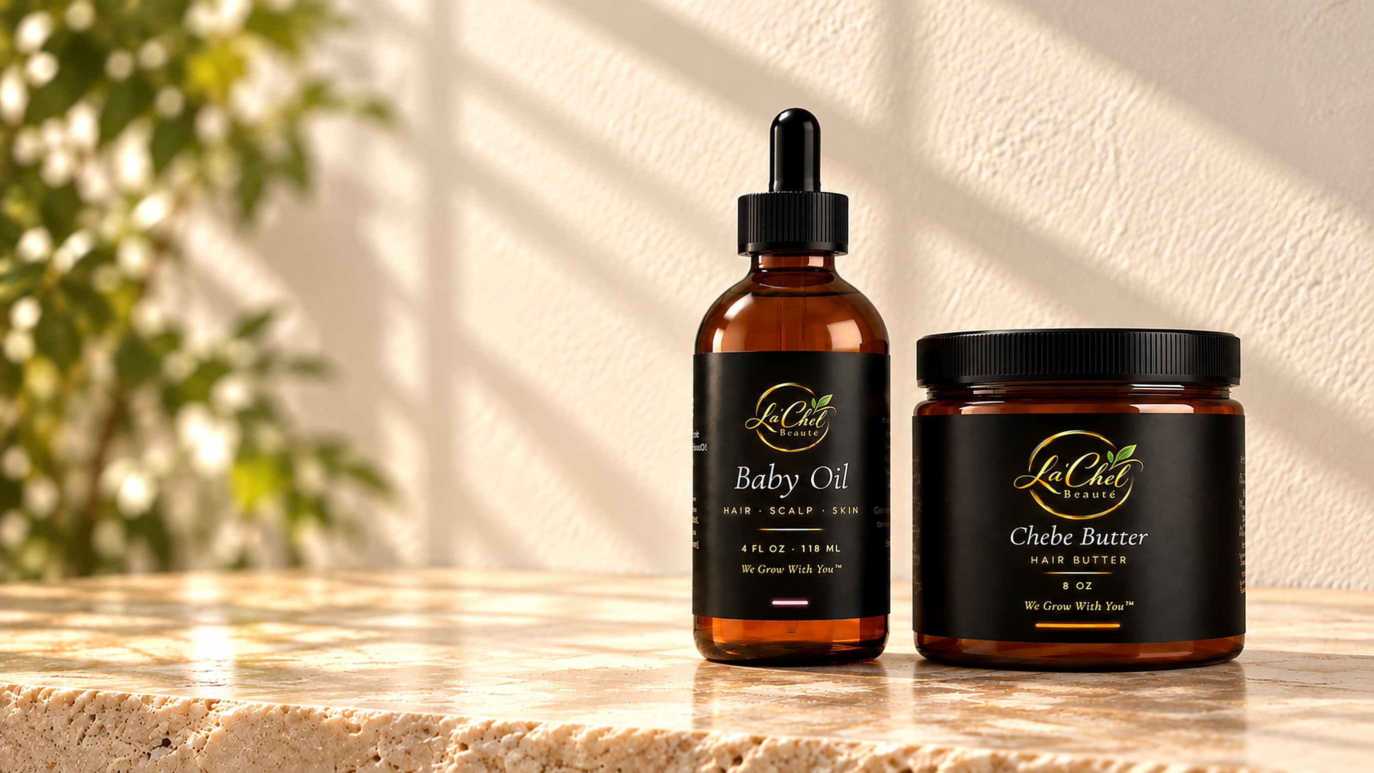 La'Chel Beauté Baby Oil 4 oz and Chébé Butter 8 oz on a sunlit stone counter