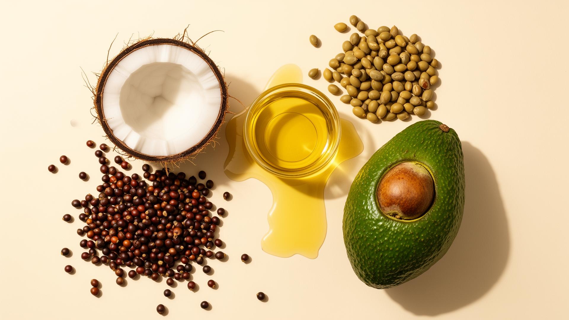 Cold-pressed natural oils — castor, hemp seed, olive, coconut, jojoba and avocado