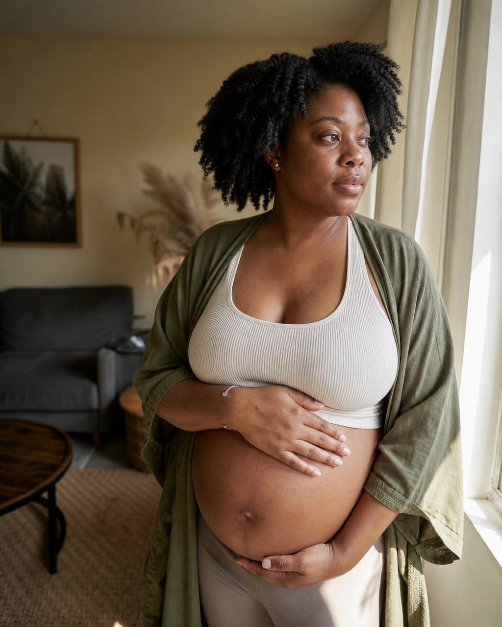 An expecting mother resting a hand on her belly by a sunlit window at home