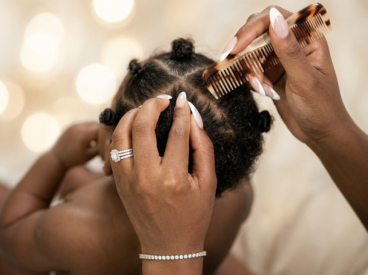 A mother gently caring for her daughter’s hair